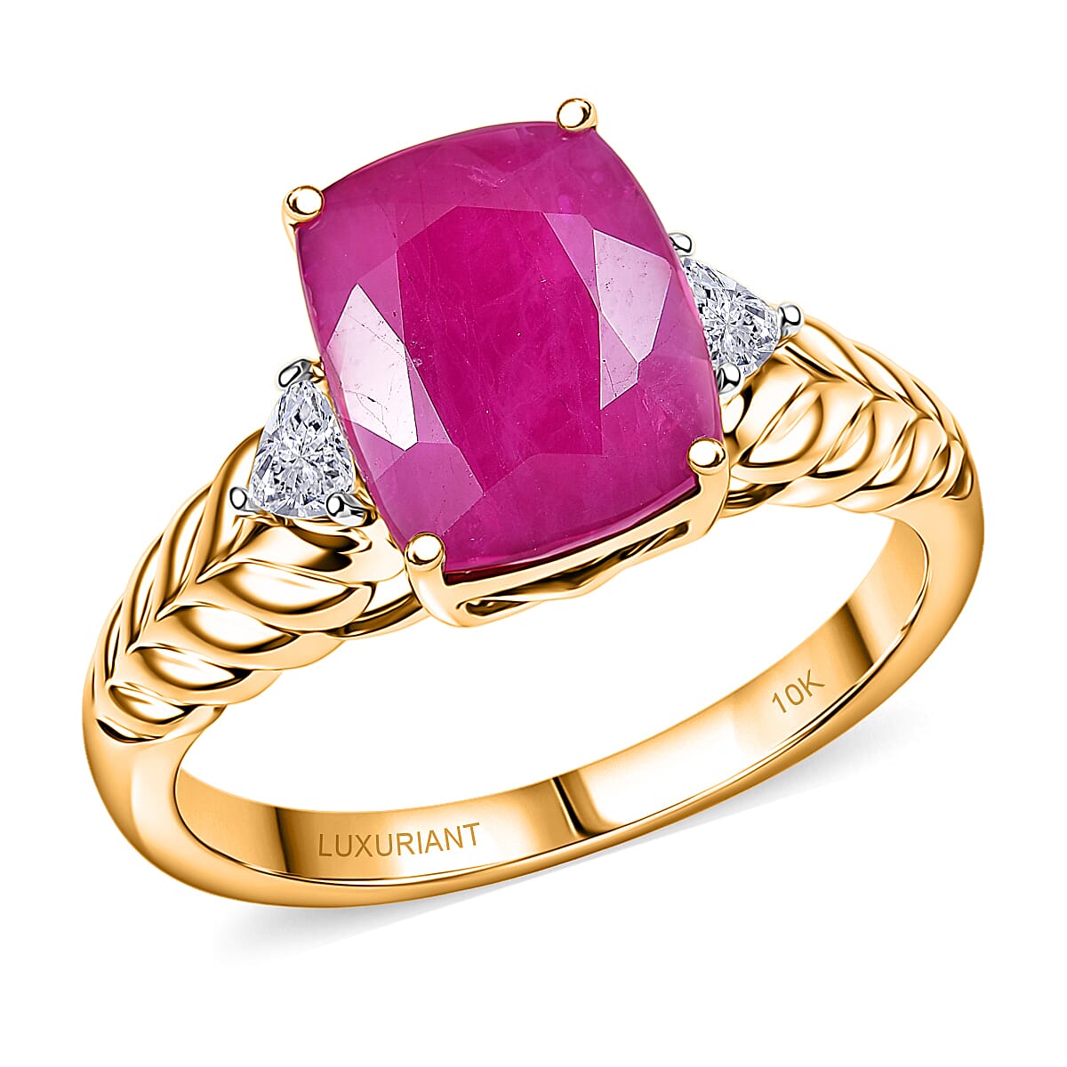 Certified & Appraised 10K Yellow Gold AAA Montepuez Ruby and Luxuriant Lab Grown Diamond G-H SI 5.00 ctw Ring (Size 10.0)