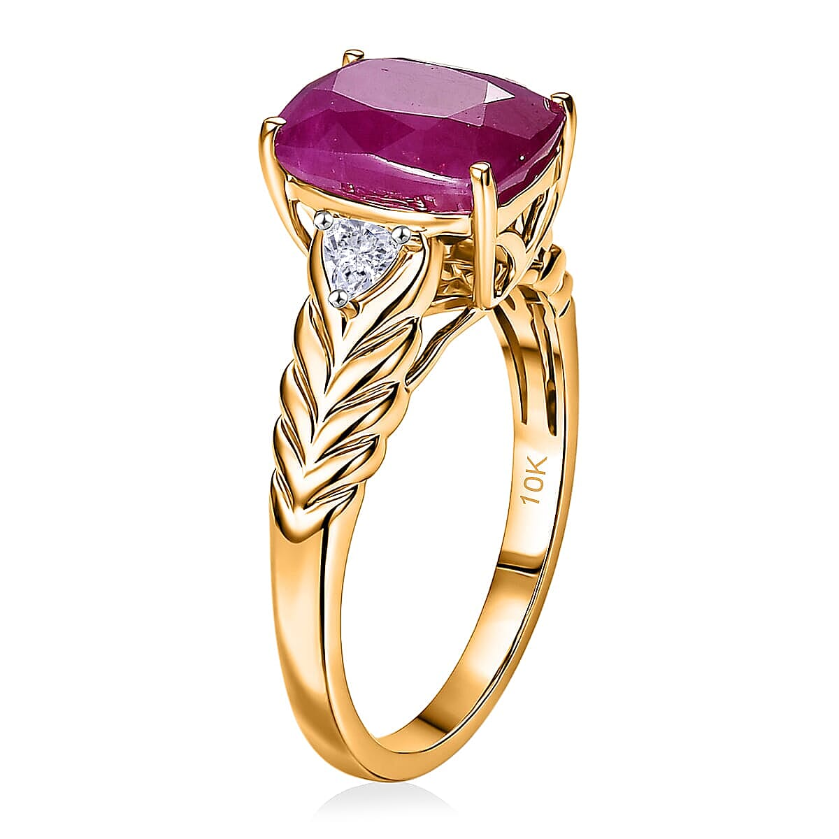 Certified & Appraised 10K Yellow Gold AAA Montepuez Ruby and Luxuriant Lab Grown Diamond G-H SI 5.00 ctw Ring (Size 5.0) image number 3