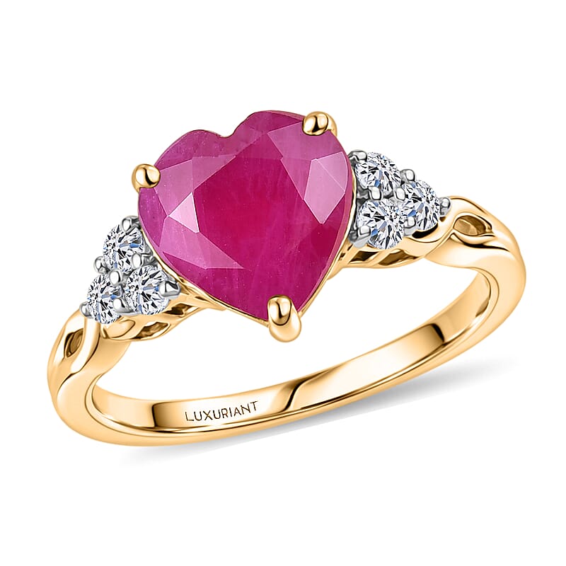 Certified & Appraised AAA Montepuez Ruby and Luxuriant Lab Grown Diamond G-H SI 3.50 ctw Heart Ring in 10K Yellow Gold (Size 10.0)