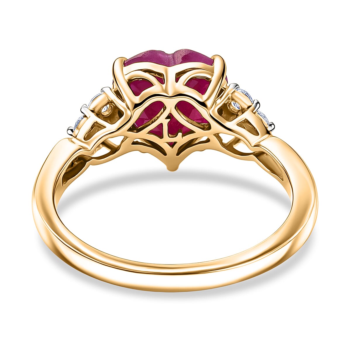 Certified & Appraised AAA Montepuez Ruby and Luxuriant Lab Grown Diamond G-H SI 3.50 ctw Heart Ring in 10K Yellow Gold (Size 9.0) image number 4