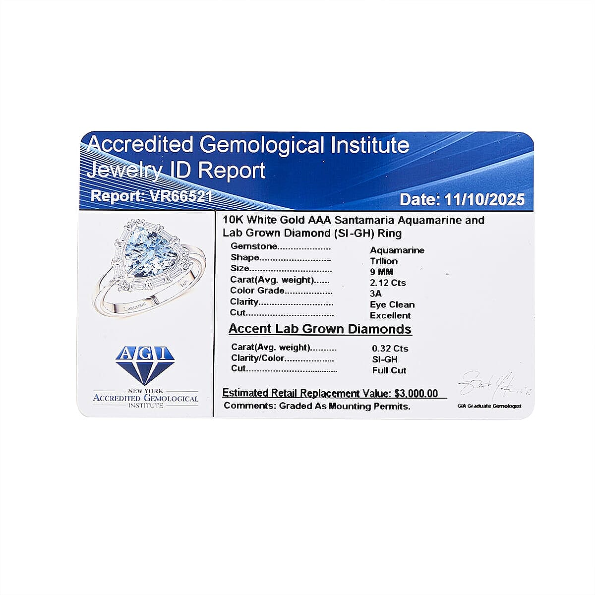 Certified and Appraised AAA Aquamarine and Luxuriant Lab Grown Diamond G-H SI 2.44 ctw Ring in 10K White Gold (Size 5.0) image number 6