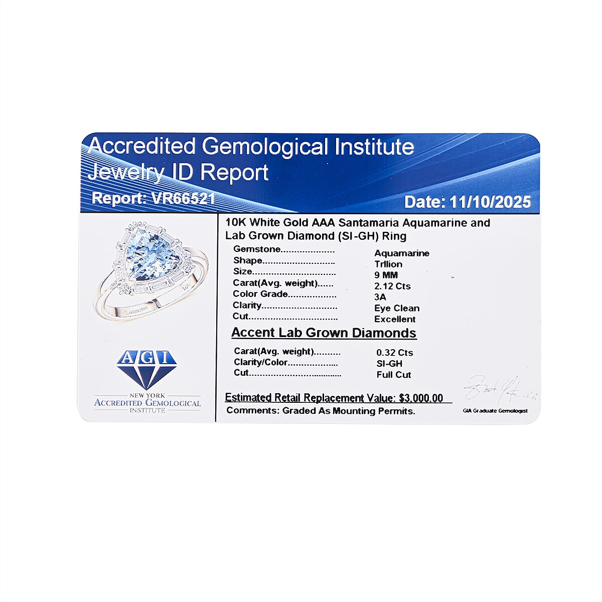 Certified and Appraised AAA Aquamarine and Luxuriant Lab Grown Diamond G-H SI 2.44 ctw Ring in 10K White Gold (Size 6.0) image number 6