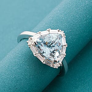 Certified and Appraised 10K White Gold AAA Aquamarine, Luxuriant Lab Grown Diamond (G-H, SI) Ring (Size 8.0) 2.44 ctw