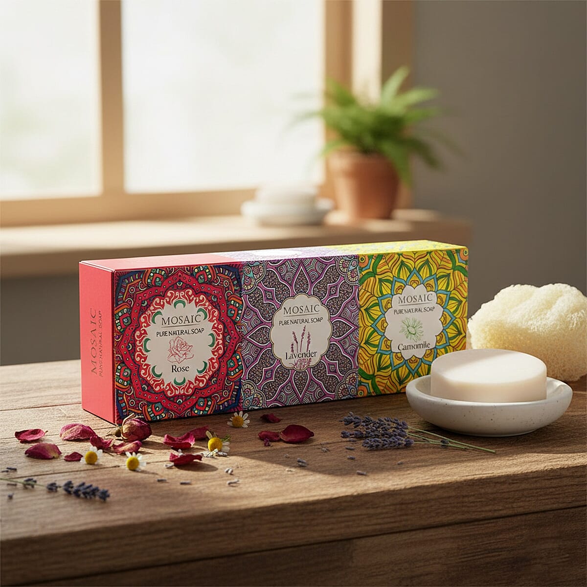 Mosaic Series Set of 3 Pure Natural Soap (3x 4.5oz) Rose, Lavender, Camomile image number 1