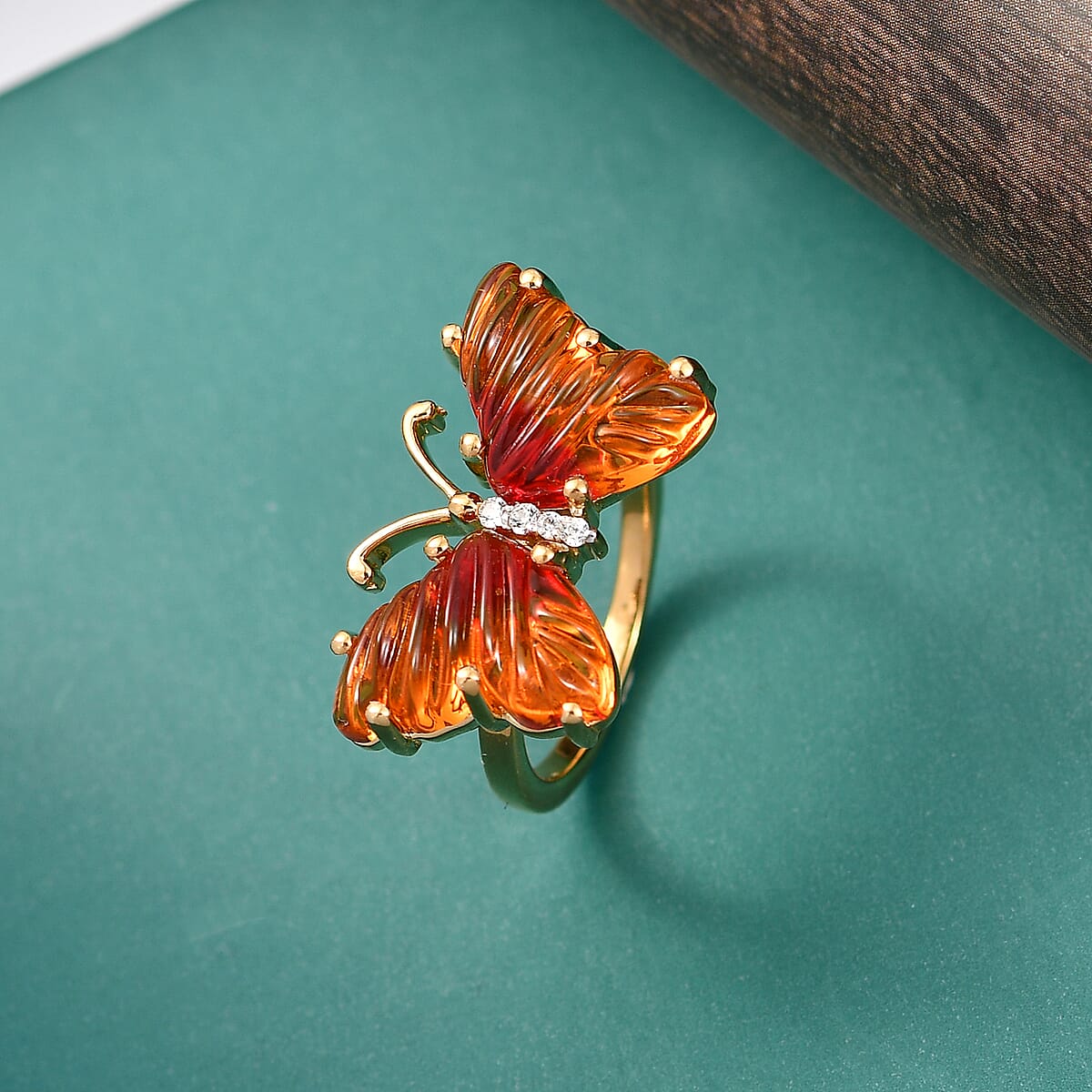 GP Whispers of Murano Style and White Zircon 0.10 ctw Butterfly Ring in 18K Vermeil Yellow Gold Over Sterling Silver (Size 10.0) (Del. in 8-10 Days) image number 1