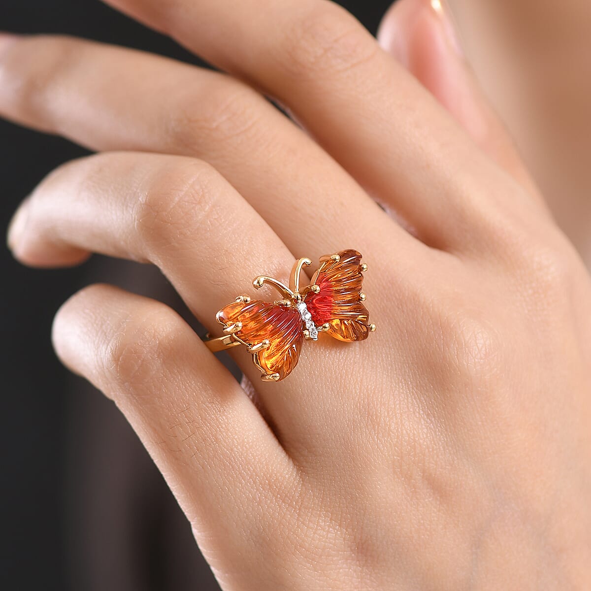GP Whispers of Murano Style and White Zircon 0.10 ctw Butterfly Ring in 18K Vermeil Yellow Gold Over Sterling Silver (Size 10.0) (Del. in 8-10 Days) image number 3
