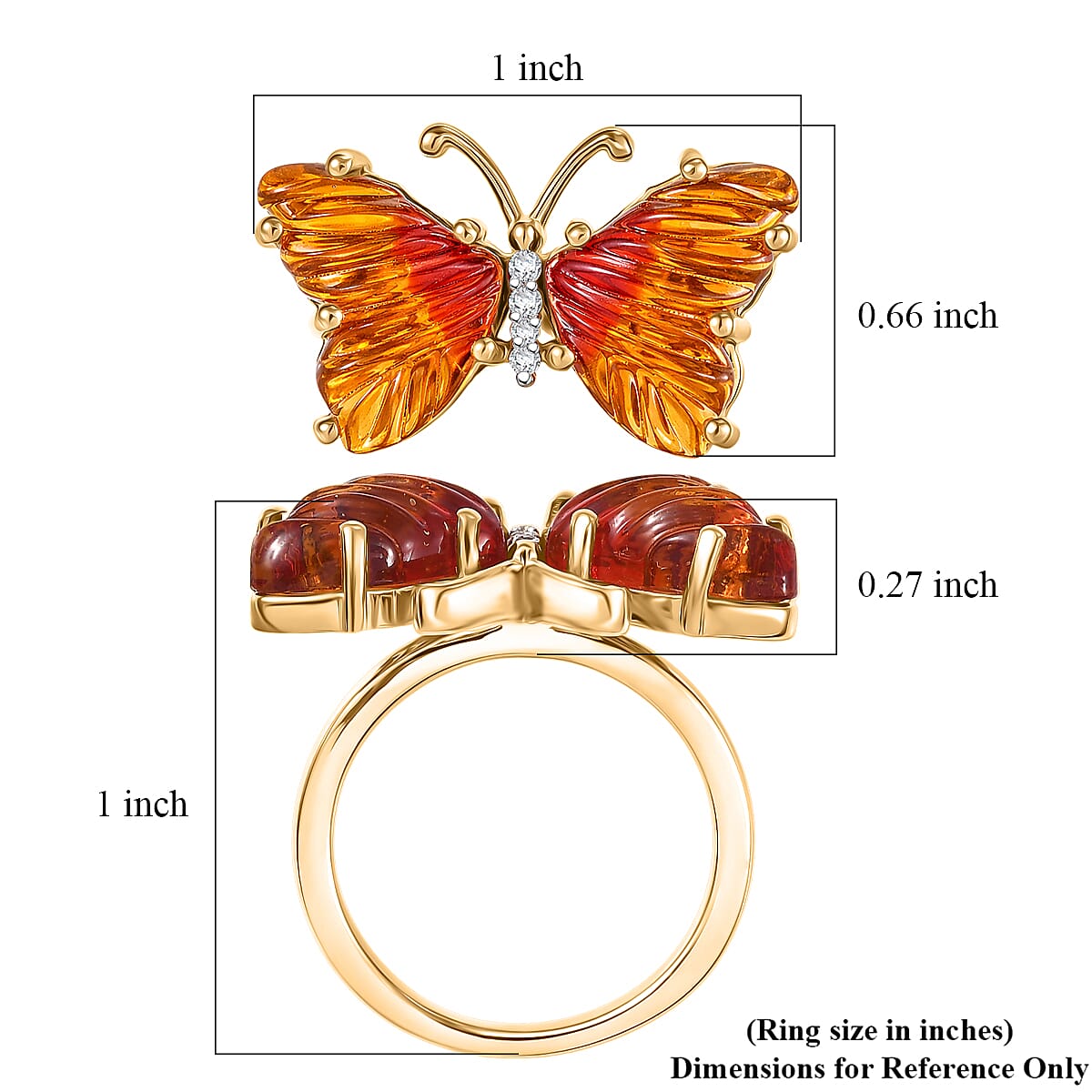 GP Whispers of Murano Style and White Zircon 0.10 ctw Butterfly Ring in 18K Vermeil Yellow Gold Over Sterling Silver (Size 10.0) (Del. in 8-10 Days) image number 6