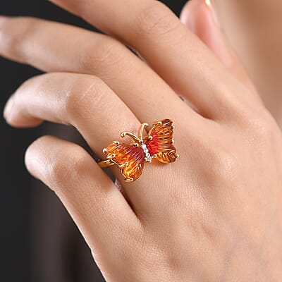 GP Whispers of Murano Style and White Zircon 0.10 ctw Butterfly Ring in 18K Vermeil Yellow Gold Over Sterling Silver (Size 7.0)