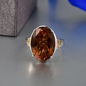EverTrue Autumn Alexite and White Zircon 11.90 ctw Fallfire Solitaire Ring in 18K YG Plated and Platinum Bond (Size 10.0)