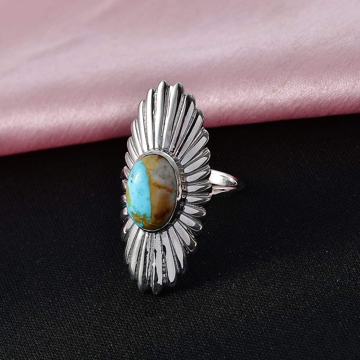 D'Joy Passport to Israel Artisan Crafted Royston Ribbon Turquoise 4.00 ctw Ring in Platinum Over Sterling Silver (Size 7.0) image number 1