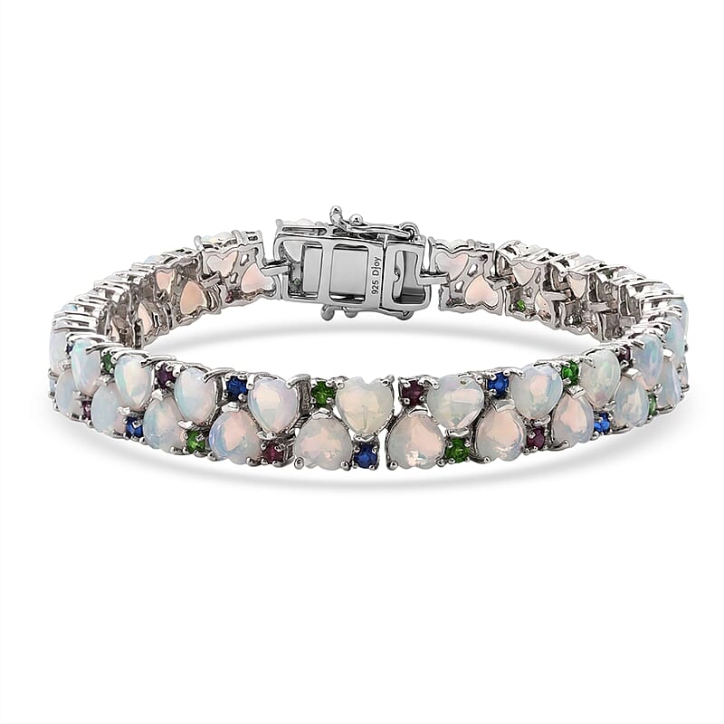 D'Joy Premium Ethiopian Welo Opal and Multi Gemstone 14.00 ctw Heart Symphony Bracelet in Rhodium Over Sterling Silver (6.50 In)