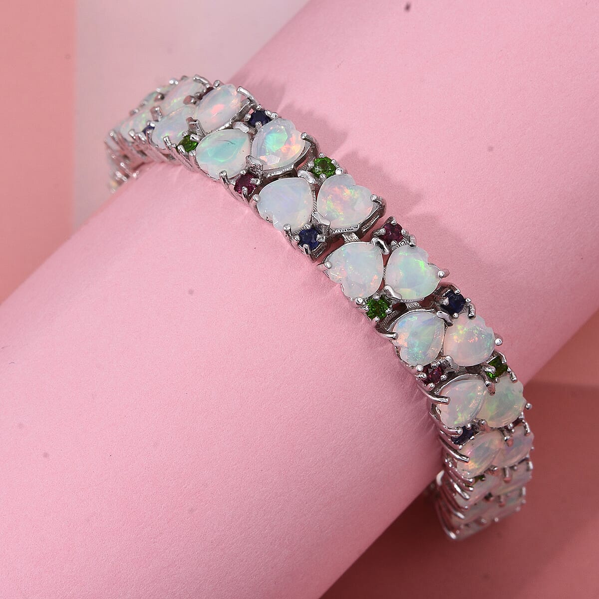 D'Joy Premium Ethiopian Welo Opal and Multi Gemstone 14.00 ctw Heart Symphony Bracelet in Rhodium Over Sterling Silver (6.50 In) image number 1