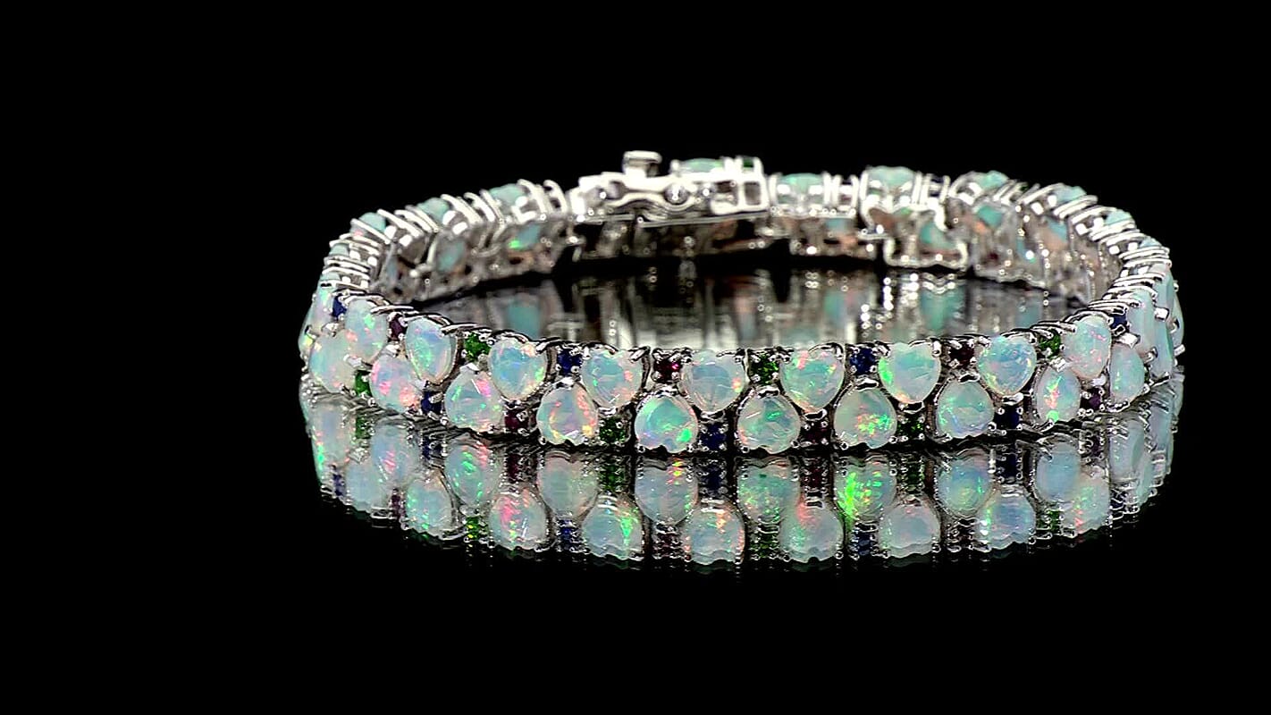 D'Joy Premium Ethiopian Welo Opal, Multi Gemstone Bracelet in Rhodium Over Sterling Silver (6.50 In) 14.00 ctw
