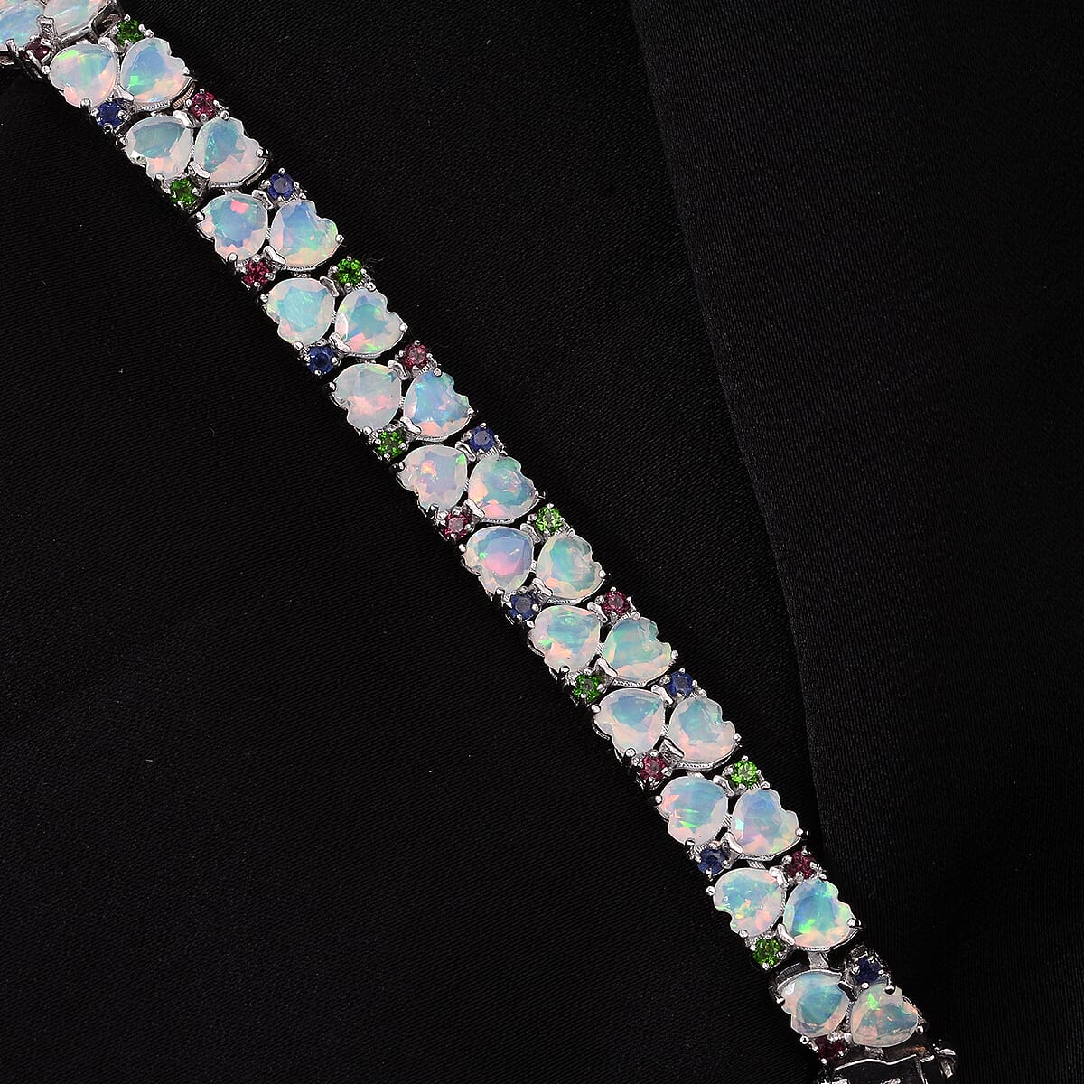 D'Joy Premium Ethiopian Welo Opal and Multi Gemstone 14.00 ctw Heart Symphony Bracelet in Rhodium Over Sterling Silver (6.50 In) image number 2