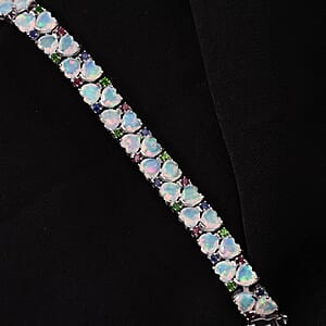 D'Joy Premium Ethiopian Welo Opal and Multi Gemstone 14.00 ctw Heart Symphony Bracelet in Rhodium Over Sterling Silver (6.50 In)