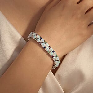 D'Joy Premium Ethiopian Welo Opal and Multi Gemstone 14.00 ctw Heart Symphony Bracelet in Rhodium Over Sterling Silver (6.50 In)