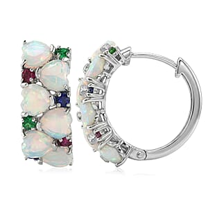 D'Joy Premium Ethiopian Welo Opal and Multi Gemstone 4.10 ctw Heart Symphony Earrings in Rhodium Over Sterling Silver
