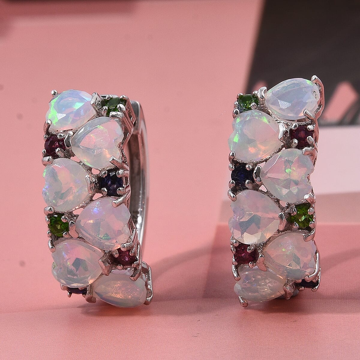 D'Joy Premium Ethiopian Welo Opal and Multi Gemstone 4.10 ctw Heart Symphony Earrings in Rhodium Over Sterling Silver image number 1