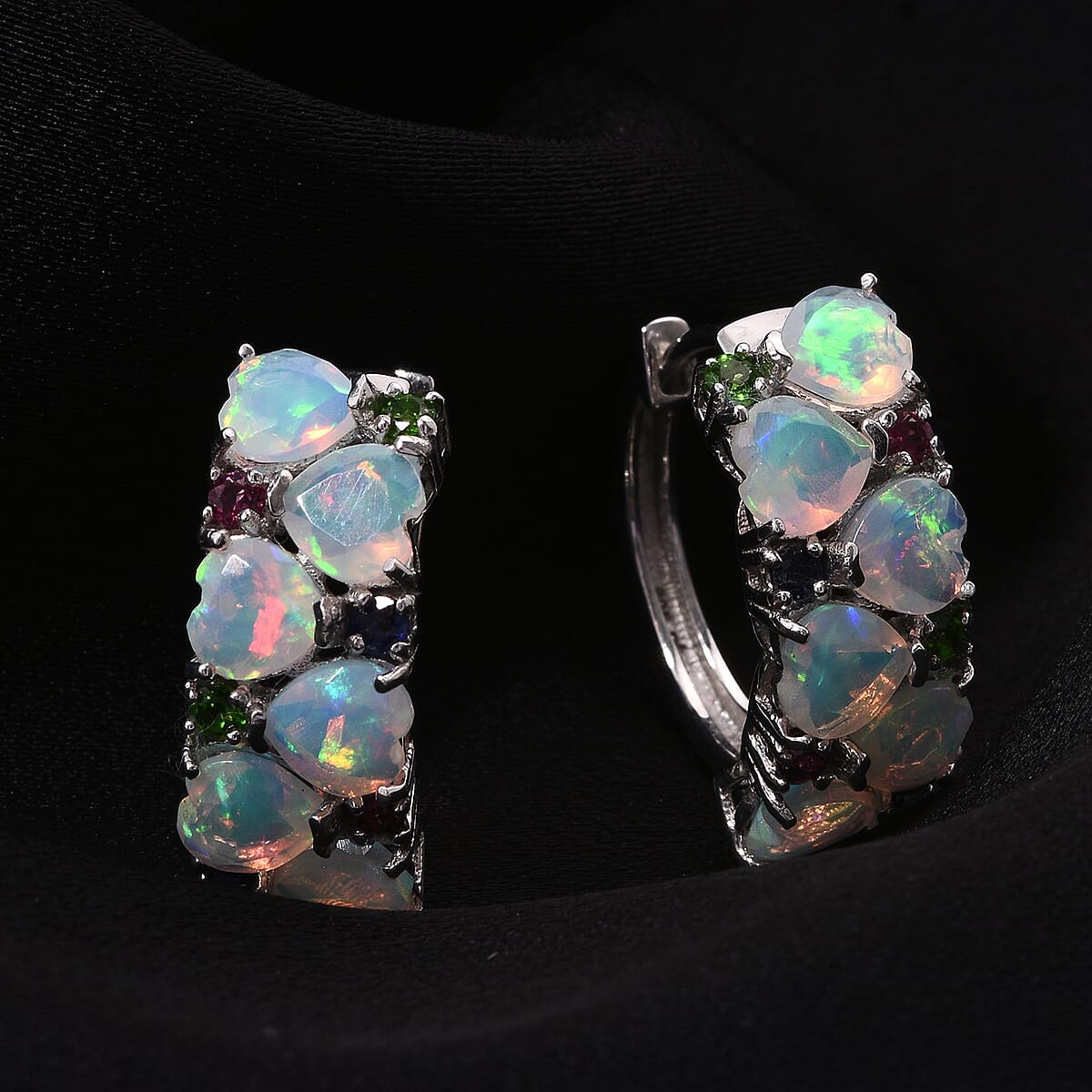 D'Joy Premium Ethiopian Welo Opal and Multi Gemstone 4.10 ctw Heart Symphony Earrings in Rhodium Over Sterling Silver image number 2