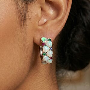D'Joy Premium Ethiopian Welo Opal and Multi Gemstone 4.10 ctw Heart Symphony Earrings in Rhodium Over Sterling Silver