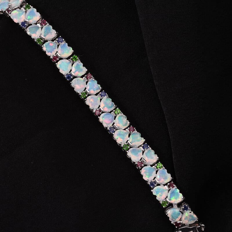 D'Joy Premium Ethiopian Welo Opal and Multi Gemstone 14.85 ctw Heart Symphony Bracelet in Rhodium Over Sterling Silver (7.25 In)