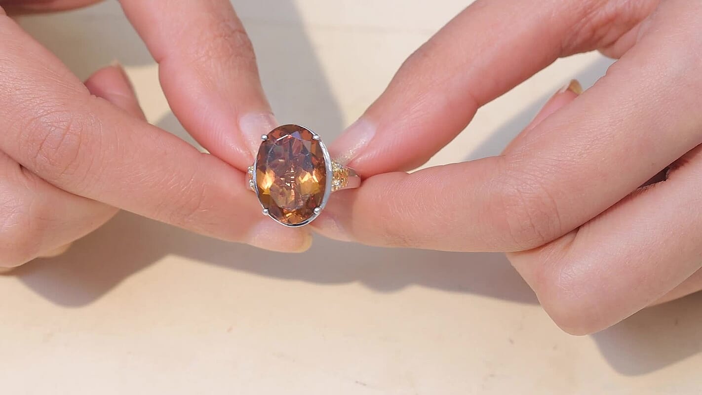 EverTrue Autumn Alexite, White Zircon Ring in 18K YG Plated and Platinum Bond (Size 10.0) 11.90 ctw