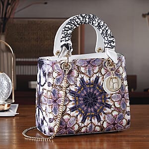 The Grand Pelle White Genuine Leather Embroidery Purple Kaleidoscope with Sequins Crossbody Bag with Scarf