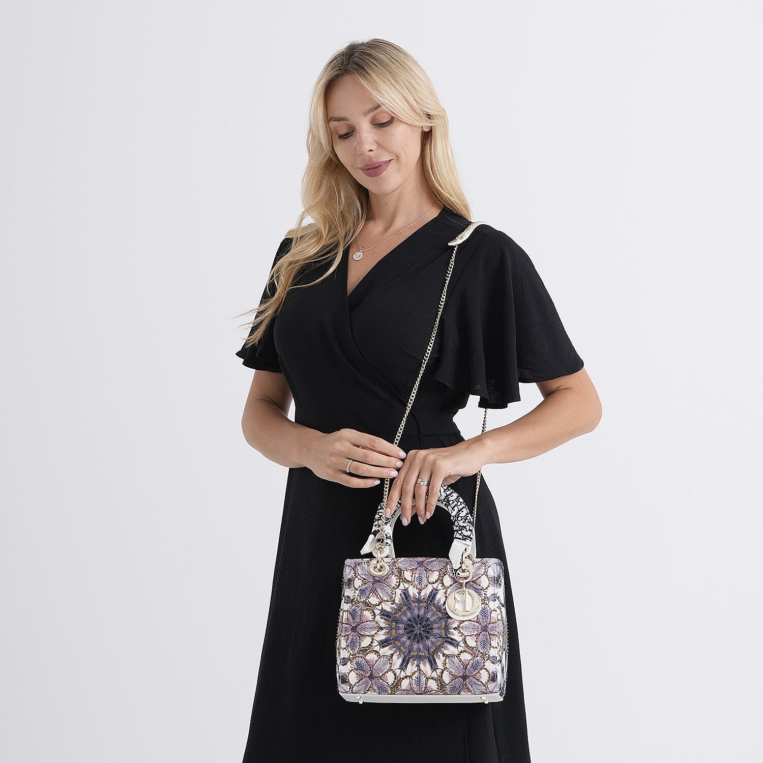 The Grand Pelle White Genuine Leather Embroidery Purple Kaleidoscope with Sequins Crossbody Bag with Scarf