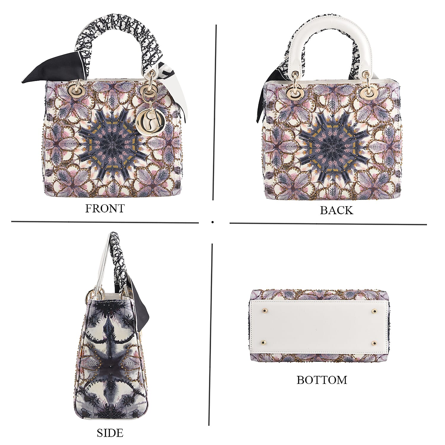 The Grand Pelle White Genuine Leather Embroidery Purple Kaleidoscope with Sequins Crossbody Bag with Scarf
