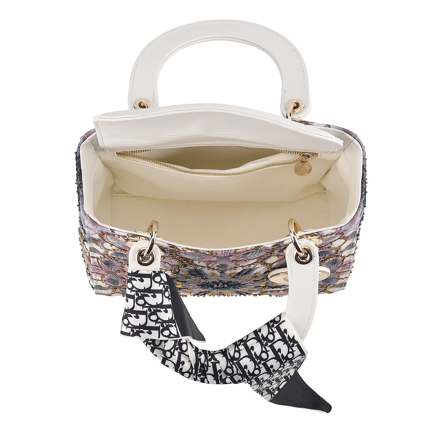 The Grand Pelle White Genuine Leather Embroidery Purple Kaleidoscope with Sequins Crossbody Bag with Scarf