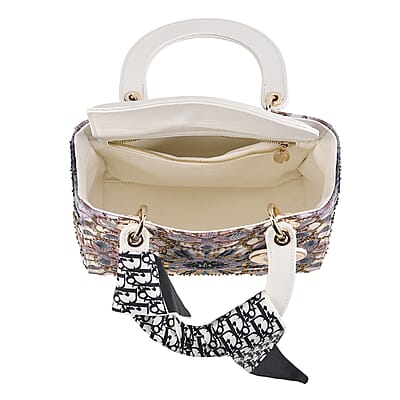 The Grand Pelle White Genuine Leather Embroidery Purple Kaleidoscope with Sequins Crossbody Bag with Scarf