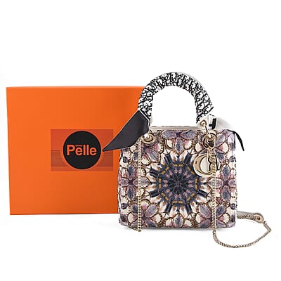 The Grand Pelle White Genuine Leather Embroidery Purple Kaleidoscope with Sequins Crossbody Bag with Scarf
