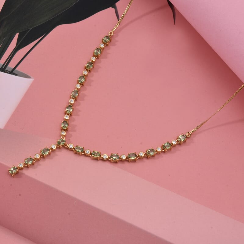 D'Joy Ambanja Demantoid Garnet and Moissanite 4.15 ctw Forest Flame Y-Necklace in 18K Vermeil Yellow Gold Over Sterling Silver 18 Inches