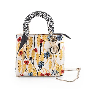 The Grand Pelle White Genuine Leather Embroidery Yellow Wheat with Sequins Crossbody Bag with Scarf