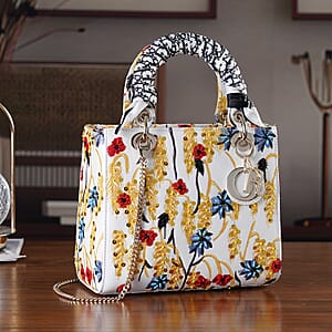 The Grand Pelle White Genuine Leather Embroidery Yellow Wheat with Sequins Crossbody Bag with Scarf