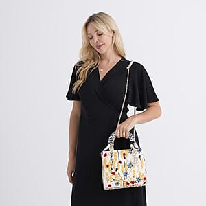 The Grand Pelle White Genuine Leather Embroidery Yellow Wheat with Sequins Crossbody Bag with Scarf