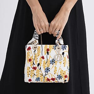 The Grand Pelle White Genuine Leather Embroidery Yellow Wheat with Sequins Crossbody Bag with Scarf