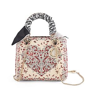 The Grand Pelle White Genuine Leather Embroidery Red Heart with Sequins Crossbody Bag with Scarf
