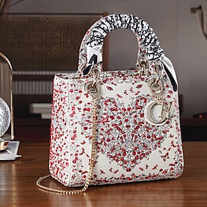 The Grand Pelle White Genuine Leather Embroidery Red Heart with Sequins Crossbody Bag with Scarf