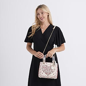The Grand Pelle White Genuine Leather Embroidery Red Heart with Sequins Crossbody Bag with Scarf