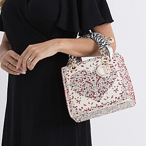 The Grand Pelle White Genuine Leather Embroidery Red Heart with Sequins Crossbody Bag with Scarf