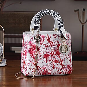 The Grand Pelle White Genuine Leather Embroidery Red Plum Blossom Crossbody Bag with Scarf