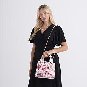 The Grand Pelle White Genuine Leather Embroidery Red Plum Blossom Crossbody Bag with Scarf