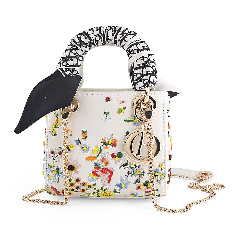 The Grand Pelle White Genuine Leather Embroidery Multicolor Flower B with Beads Crossbody Bag with Scarf
