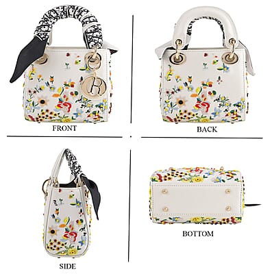 The Grand Pelle White Genuine Leather Embroidery Multicolor Flower B with Beads Crossbody Bag with Scarf
