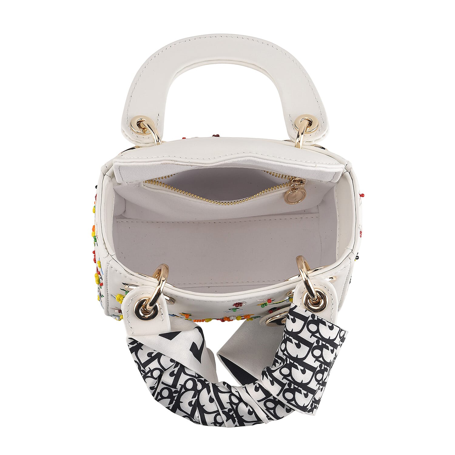 The Grand Pelle White Genuine Leather Embroidery Multicolor Flower B with Beads Crossbody Bag with Scarf