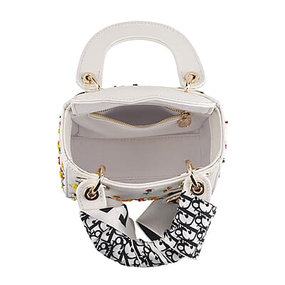 The Grand Pelle White Genuine Leather Embroidery Multicolor Flower B with Beads Crossbody Bag with Scarf