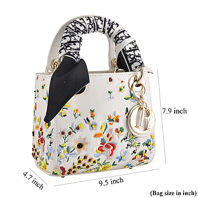 The Grand Pelle White Genuine Leather Embroidery Multicolor Flower B with Beads Crossbody Bag with Scarf