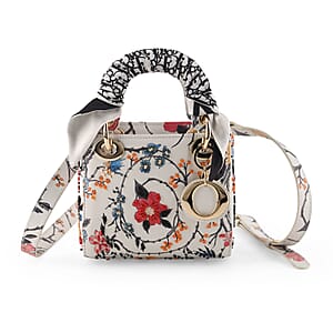 The Grand Pelle White Genuine Leather Embroidery Multicolor Flower A with Beads Crossbody Bag with Scarf