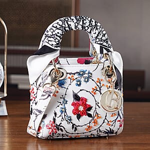 The Grand Pelle White Genuine Leather Embroidery Multicolor Flower A with Beads Crossbody Bag with Scarf